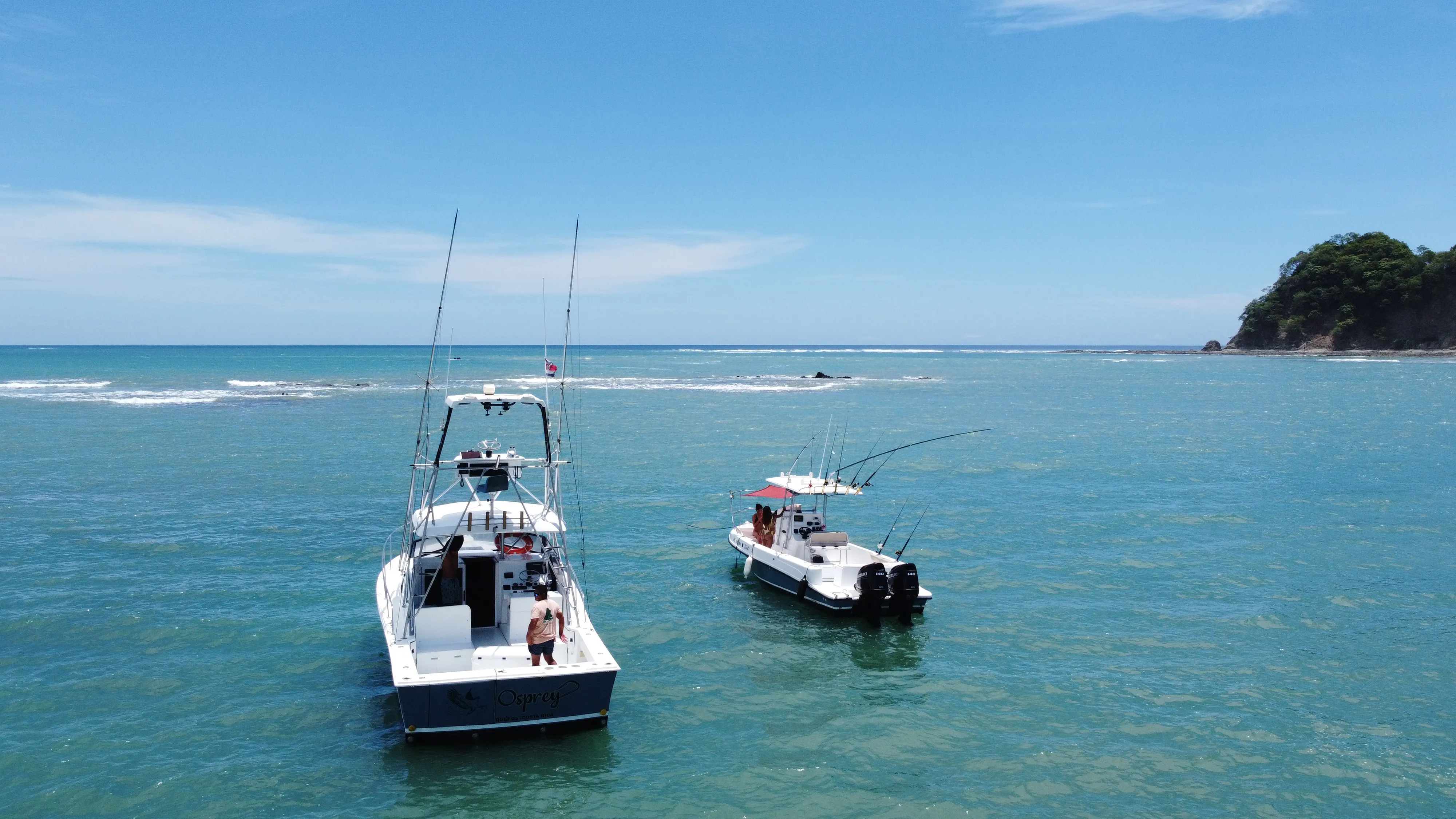 The 32 ft Osprey and the 27 ft Ticorette together off Playa Garza